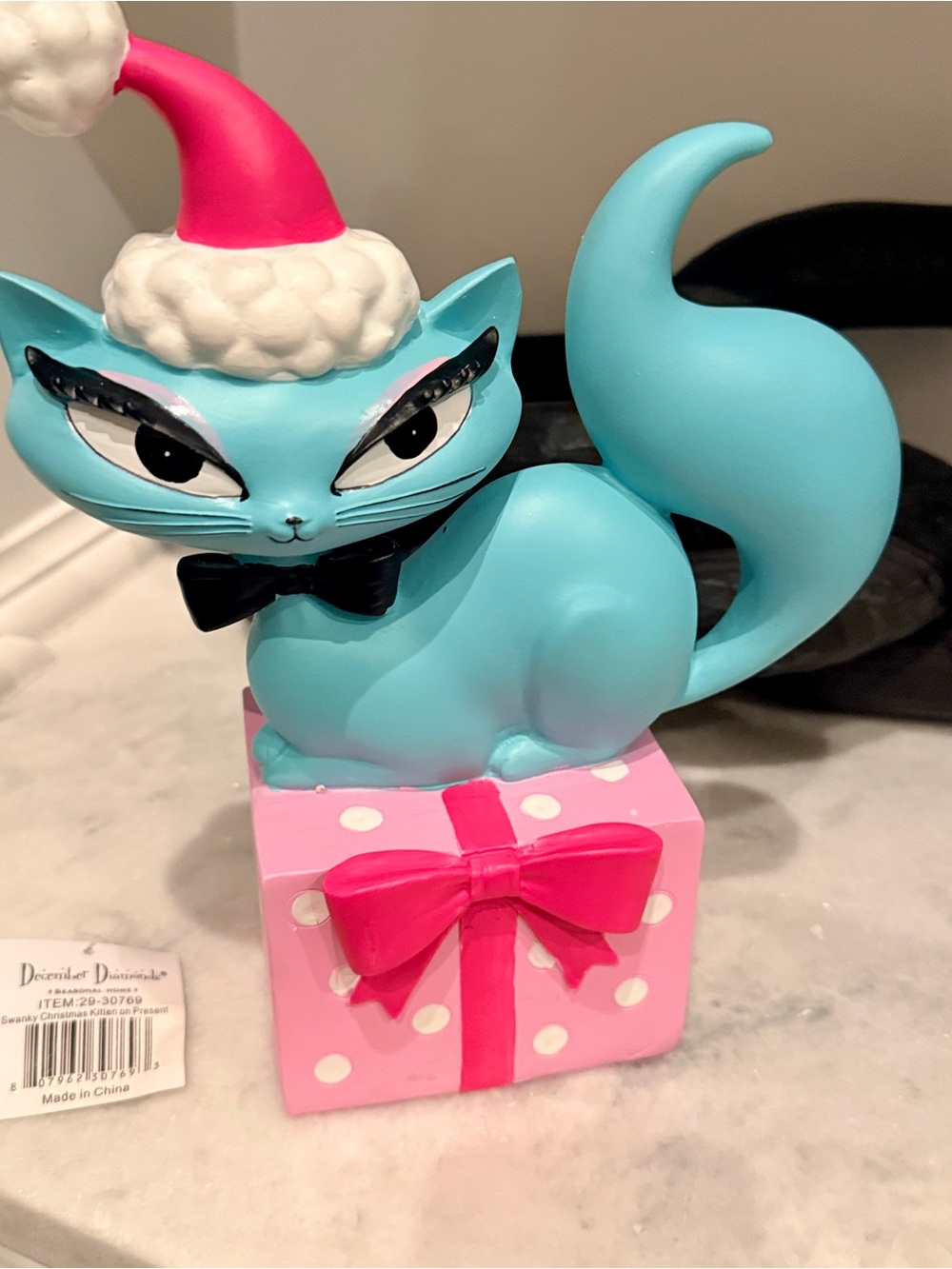 Holiday Blue Cat Figurine on Pink Gift Box with Santa Hat